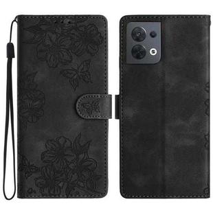 For OPPO Reno8 5G Global Cherry Blossom Butterfly Skin Feel Embossed PU Phone Case(Black)