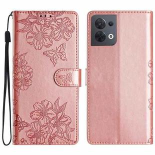For OPPO Reno8 5G Global Cherry Blossom Butterfly Skin Feel Embossed PU Phone Case(Rose Gold)