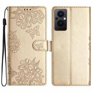 For OPPO Reno8 Lite 5G / Reno7 Z 5G Cherry Blossom Butterfly Skin Feel Embossed PU Phone Case(Gold)