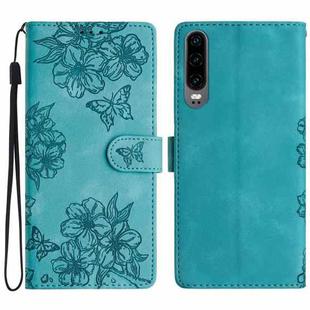 For Huawei P30 Cherry Blossom Butterfly Skin Feel Embossed PU Phone Case(Green)