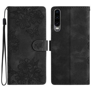 For Huawei P30 Cherry Blossom Butterfly Skin Feel Embossed PU Phone Case(Black)