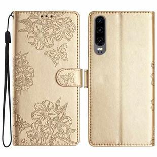 For Huawei P30 Cherry Blossom Butterfly Skin Feel Embossed PU Phone Case(Gold)