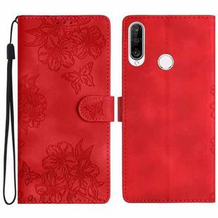 For Huawei P30 lite Cherry Blossom Butterfly Skin Feel Embossed PU Phone Case(Red)