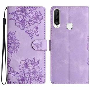 For Huawei P30 lite Cherry Blossom Butterfly Skin Feel Embossed PU Phone Case(Purple)