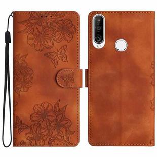 For Huawei P30 lite Cherry Blossom Butterfly Skin Feel Embossed PU Phone Case(Brown)