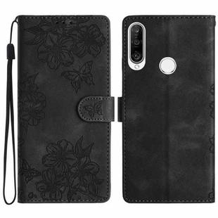 For Huawei P30 lite Cherry Blossom Butterfly Skin Feel Embossed PU Phone Case(Black)