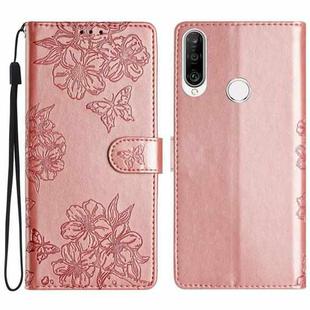 For Huawei P30 lite Cherry Blossom Butterfly Skin Feel Embossed PU Phone Case(Rose Gold)