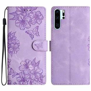 For Huawei P30 Pro Cherry Blossom Butterfly Skin Feel Embossed PU Phone Case(Purple)
