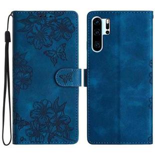 For Huawei P30 Pro Cherry Blossom Butterfly Skin Feel Embossed PU Phone Case(Blue)