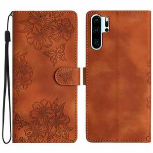 For Huawei P30 Pro Cherry Blossom Butterfly Skin Feel Embossed PU Phone Case(Brown)