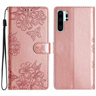 For Huawei P30 Pro Cherry Blossom Butterfly Skin Feel Embossed PU Phone Case(Rose Gold)