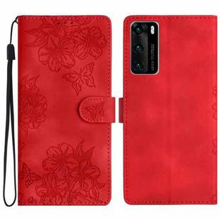 For Huawei P40 Cherry Blossom Butterfly Skin Feel Embossed PU Phone Case(Red)