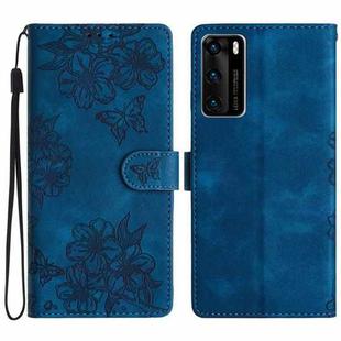 For Huawei P40 Cherry Blossom Butterfly Skin Feel Embossed PU Phone Case(Blue)