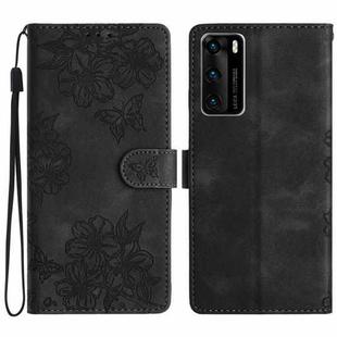 For Huawei P40 Cherry Blossom Butterfly Skin Feel Embossed PU Phone Case(Black)