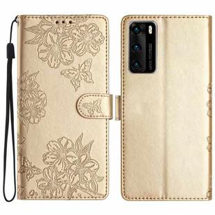 For Huawei P40 Cherry Blossom Butterfly Skin Feel Embossed PU Phone Case(Gold)