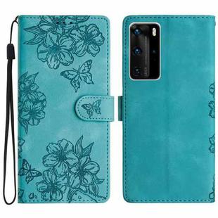 For Huawei P40 Pro Cherry Blossom Butterfly Skin Feel Embossed PU Phone Case(Green)