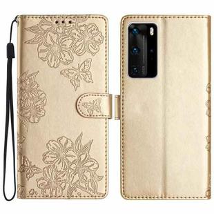 For Huawei P40 Pro Cherry Blossom Butterfly Skin Feel Embossed PU Phone Case(Gold)