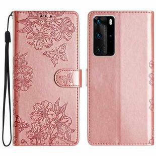 For Huawei P40 Pro Cherry Blossom Butterfly Skin Feel Embossed PU Phone Case(Rose Gold)