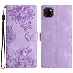 For Huawei Y5p / Honor 9S Cherry Blossom Butterfly Skin Feel Embossed PU Phone Case(Purple)