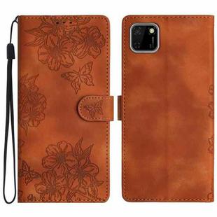 For Huawei Y5p / Honor 9S Cherry Blossom Butterfly Skin Feel Embossed PU Phone Case(Brown)