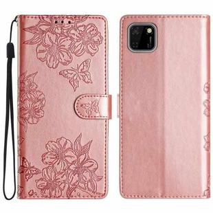 For Huawei Y5p / Honor 9S Cherry Blossom Butterfly Skin Feel Embossed PU Phone Case(Rose Gold)