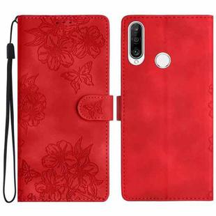 For Huawei Y6p Cherry Blossom Butterfly Skin Feel Embossed PU Phone Case(Red)