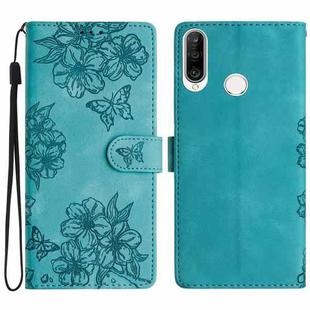 For Huawei Y6p Cherry Blossom Butterfly Skin Feel Embossed PU Phone Case(Green)