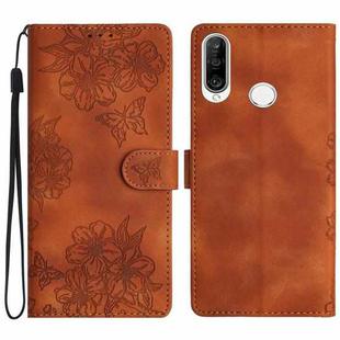 For Huawei Y6p Cherry Blossom Butterfly Skin Feel Embossed PU Phone Case(Brown)