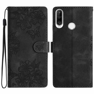 For Huawei Y6p Cherry Blossom Butterfly Skin Feel Embossed PU Phone Case(Black)