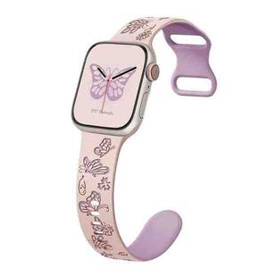 For Apple Watch Series 9 45mm Colorful Butterfly Pattern 8-shaped Buckle Silicone Watch Band(Pink Light Purple)
