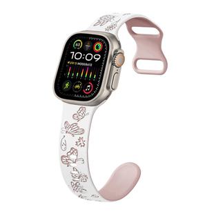 For Apple Watch Ultra 49mm Colorful Butterfly Pattern 8-shaped Buckle Silicone Watch Band(White Pink)