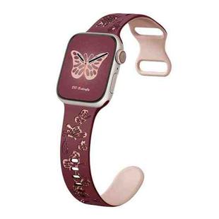 For Apple Watch Series 8 41mm Colorful Butterfly Pattern 8-shaped Buckle Silicone Watch Band(Wine Red Pink)