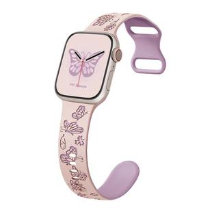 For Apple Watch Series 6 44mm Colorful Butterfly Pattern 8-shaped Buckle Silicone Watch Band(Pink Light Purple)