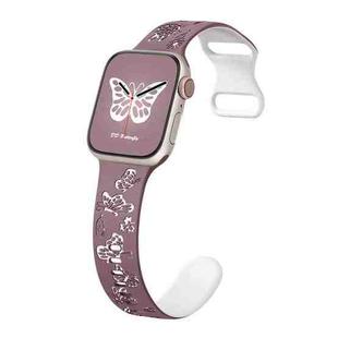 For Apple Watch Series 3 38mm Colorful Butterfly Pattern 8-shaped Buckle Silicone Watch Band(Smoke Purple White)