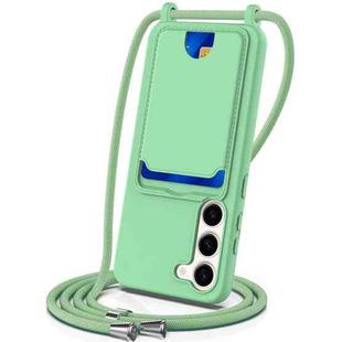For Samsung Galaxy S23 5G Integrated Card Bag Solid Color Liquid Silicone Phone Case with Lanyard(Green)