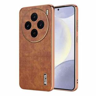 For vivo X100 5G AZNS Electroplated Frame Crocodile Texture Full Coverage Phone Case(Brown)