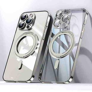 For iPhone 15 Pro Max Plating PC 360 Ring Holder Magsafe Phone Case(Clear Gold)