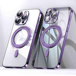 For iPhone 14 Pro Max Plating PC 360 Ring Holder Magsafe Phone Case(Clear Purple)