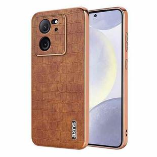 For Xiaomi 13T / 13T Pro AZNS Electroplated Frame Crocodile Texture Full Coverage Phone Case(Brown)