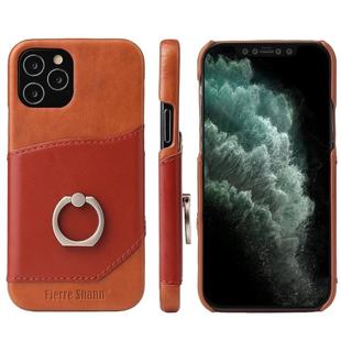 For iPhone 12 Pro Max Fierre Shann Oil Wax Texture Genuine Leather Back Cover Case with 360 Degree Rotation Holder & Card Slot(Light Brown+Dark Brown)