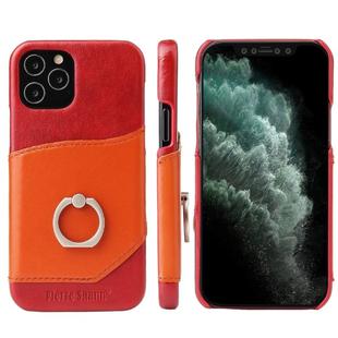 For iPhone 12 Pro Max Fierre Shann Oil Wax Texture Genuine Leather Back Cover Case with 360 Degree Rotation Holder & Card Slot(Red+Light Brown)