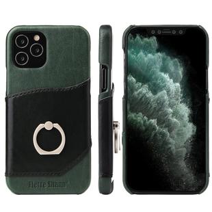 For iPhone 12 mini Fierre Shann Oil Wax Texture Genuine Leather Back Cover Case with 360 Degree Rotation Holder & Card Slot(Black+Green)