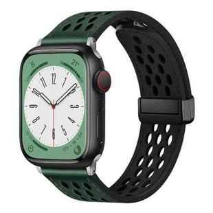 For Apple Watch SE 2023 44mm Hole Style Folding Buckle PU Leather Watch Band(Fir Green)