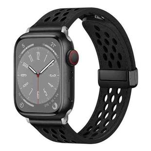 For Apple Watch Series 9 45mm Hole Style Folding Buckle PU Leather Watch Band(Black)
