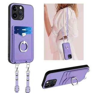 For iPhone 15 Pro Max R20 Crossbody Rope Ring Card Holder Phone Case(Purple)