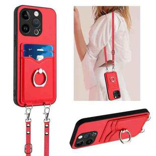 For iPhone 15 Pro R20 Crossbody Rope Ring Card Holder Phone Case(Red)
