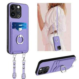 For iPhone 15 Pro R20 Crossbody Rope Ring Card Holder Phone Case(Purple)
