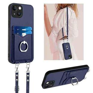 For iPhone 15 R20 Crossbody Rope Ring Card Holder Phone Case(Blue)