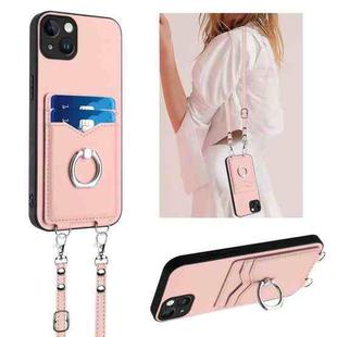 For iPhone 14 Plus R20 Crossbody Rope Ring Card Holder Phone Case(Pink)