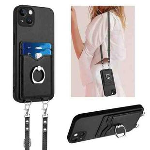 For iPhone 14 Plus R20 Crossbody Rope Ring Card Holder Phone Case(Black)